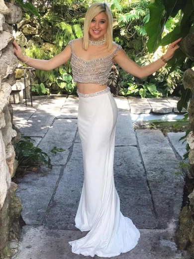 Sheath/Column High Neck Chiffon Sweep Train Crystal Detailing Prom Dresses #UKM020103261