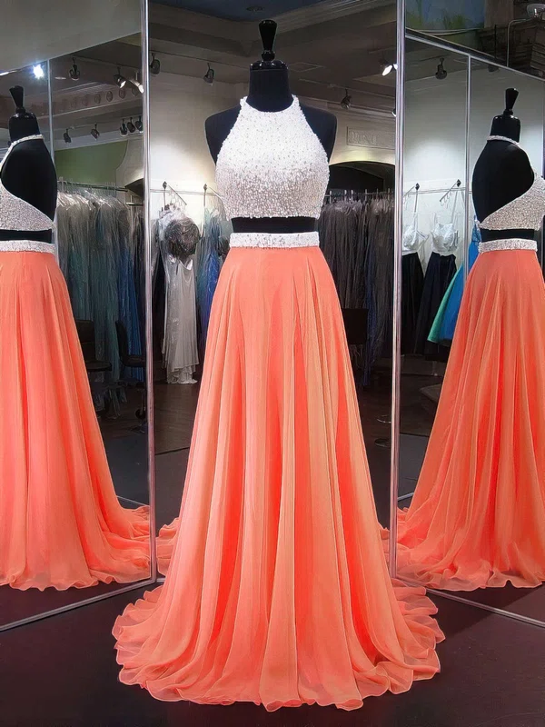 A-line Halter Chiffon Sweep Train Crystal Detailing Prom Dresses #UKM020103270