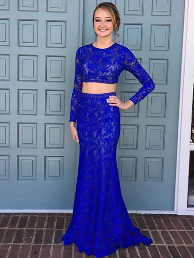 Sheath/Column Scoop Neck Lace Floor-length Beading Prom Dresses #UKM020103287