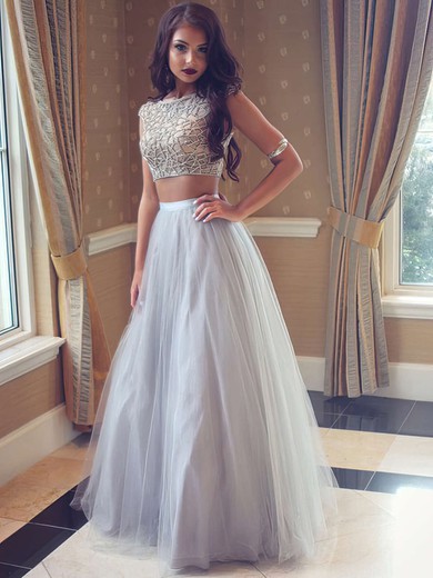Princess Scoop Neck Tulle Floor-length Pearl Detailing Prom Dresses #UKM020103295