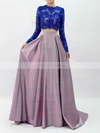 Ball Gown Scalloped Neck Satin Tulle Sweep Train Appliques Lace Prom Dresses #UKM020103307