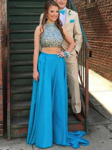 A-line High Neck Silk-like Satin Sweep Train Crystal Detailing Prom Dresses #UKM020103316