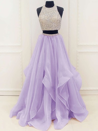 Princess Scoop Neck Organza Floor-length Beading Prom Dresses #UKM020103326