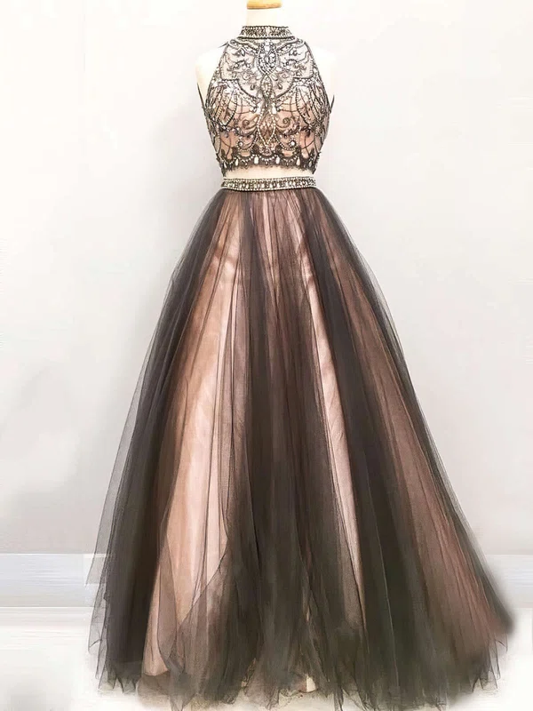 Princess High Neck Tulle Floor-length Beading Prom Dresses #UKM020103331