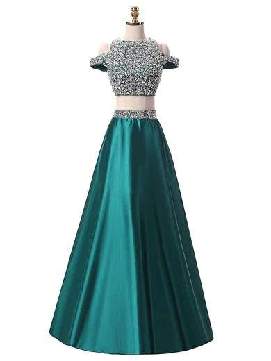 Ball Gown Scoop Neck Satin Two Piece Prom Dresses With Beading #UKM020103343