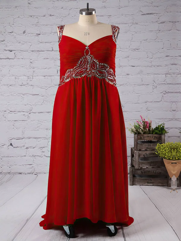 A-line V-neck Chiffon with Sequins Floor-length Red Affordable Plus Size Prom Dresses #UKM020103393