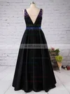Modest Princess V-neck Satin with Beading Floor-length Black Backless Plus Size Prom Dresses #UKM020103394