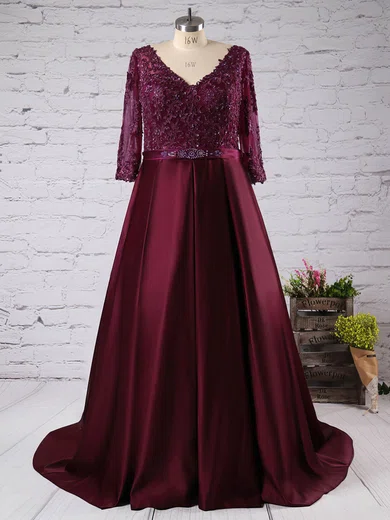 Ball Gown V-neck Tulle Satin Modest Prom Dresses With Appliques #UKM020103395