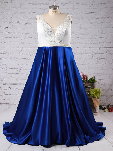 A-line V-neck Satin Tulle with Beading Sweep Train Royal Blue Beautiful Plus Size Prom Dresses #UKM020103396