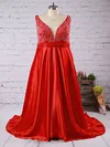 Fabulous A-line V-neck Satin with Beading Sweep Train Red Plus Size Prom Dresses #UKM020103398