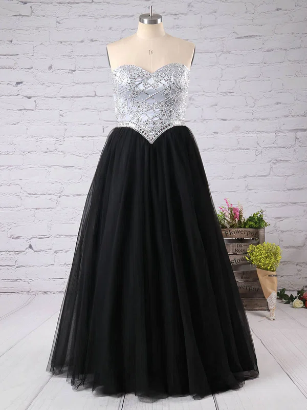 Perfect Princess Sweetheart Tulle with Beading Floor-length Black Plus Size Prom Dresses #UKM020103399