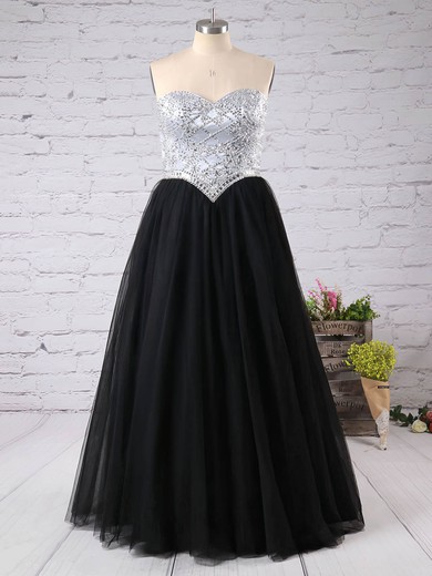 Perfect Princess Sweetheart Tulle with Beading Floor-length Black Plus Size Prom Dresses #UKM020103399