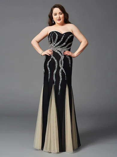 Trumpet/Mermaid Sweetheart Tulle with Beading Floor-length Black Amazing Plus Size Prom Dresses #UKM020103401