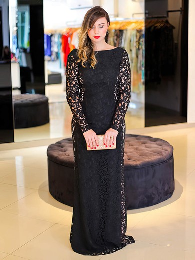 Sexy Sheath/Column Scoop Neck Lace Ruffles Floor-length Black Long Sleeve Plus Size Prom Dresses #UKM020103402