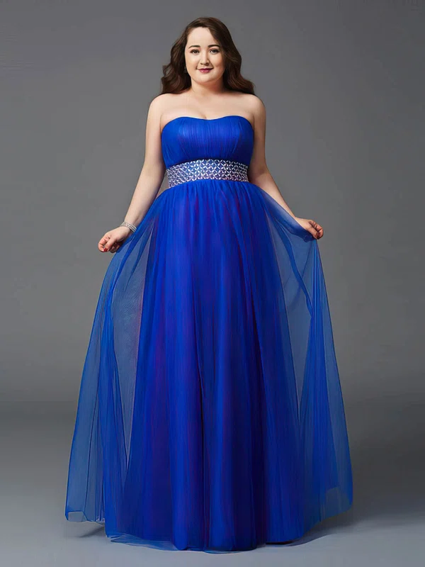 Boutique Empire Strapless Tulle with Beading Floor-length Royal Blue Plus Size Prom Dresses #UKM020103413