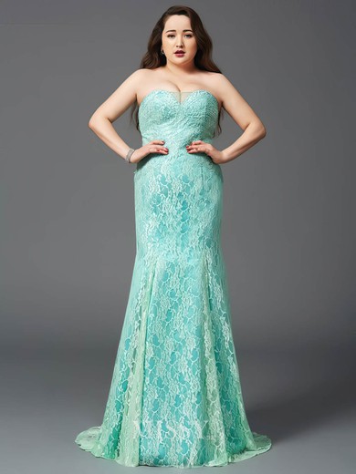 Trumpet/Mermaid Strapless Lace with Appliques Lace Sweep Train New Arrival Plus Size Prom Dresses #UKM020103417