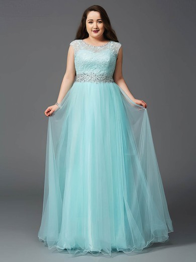 Glamorous A-line Scoop Neck Lace Tulle with Beading Floor-length Plus Size Prom Dresses #UKM020103420
