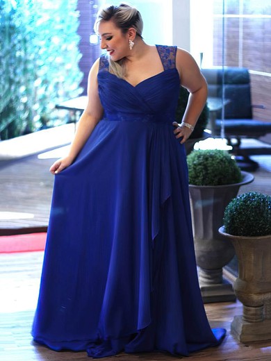 A-line V-neck Chiffon with Embroidered Sweep Train Royal Blue Promotion Plus Size Prom Dresses #UKM020103421