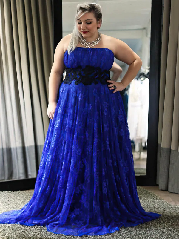 Empire Strapless Lace with Appliques Lace Sweep Train Royal Blue Boutique Plus Size Prom Dresses #UKM020103426