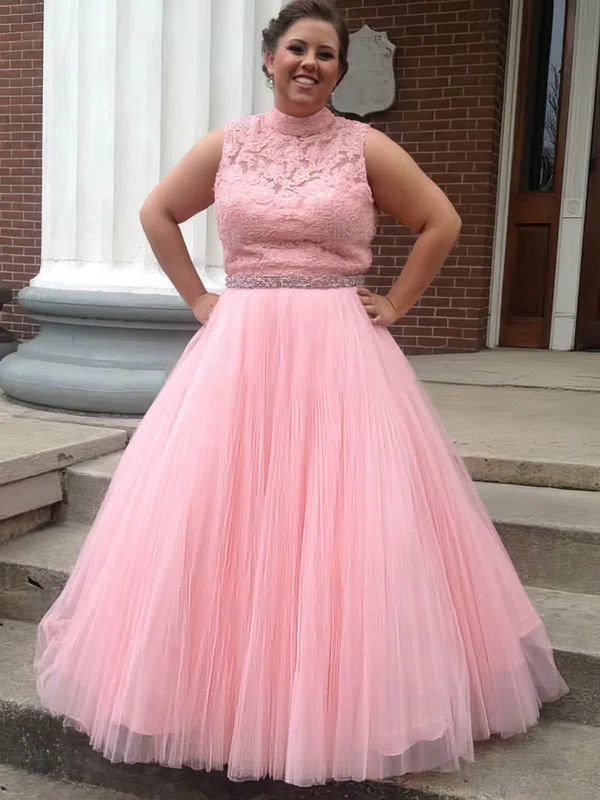 Perfect Ball Gown High Neck Tulle Appliques Lace Floor-length Pink Open Back Plus Size Prom Dresses #UKM020103428