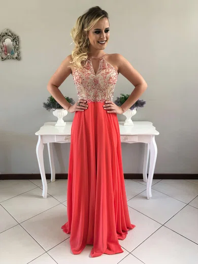 A-line Scoop Neck Chiffon Floor-length Beading Prom Dresses #UKM020103431
