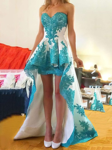 A-line Sweetheart Silk-like Satin Asymmetrical Appliques Lace Prom Dresses #UKM020103432