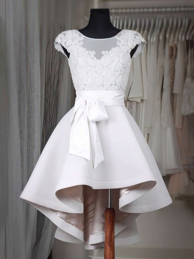 A-line Scoop Neck Satin Asymmetrical Appliques Lace Prom Dresses #UKM020103433
