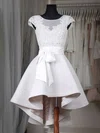 A-line Scoop Neck Satin Asymmetrical Appliques Lace Short Prom Dresses #UKM020103433
