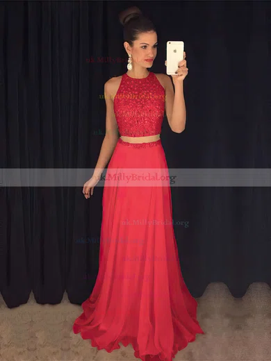 Red Scoop Beading Neck Two Piece Prom Dress Red Scoop Beading Neck Two Piece Prom Dress