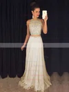 A-line Scoop Neck Tulle Chiffon Sweep Train Beading Prom Dresses #UKM020103435