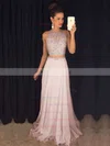 A-line Scoop Neck Tulle Chiffon Sweep Train Beading Prom Dresses #UKM020103435