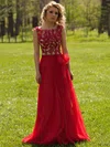A-line Scoop Neck Tulle Floor-length Appliques Lace Prom Dresses #UKM020103453