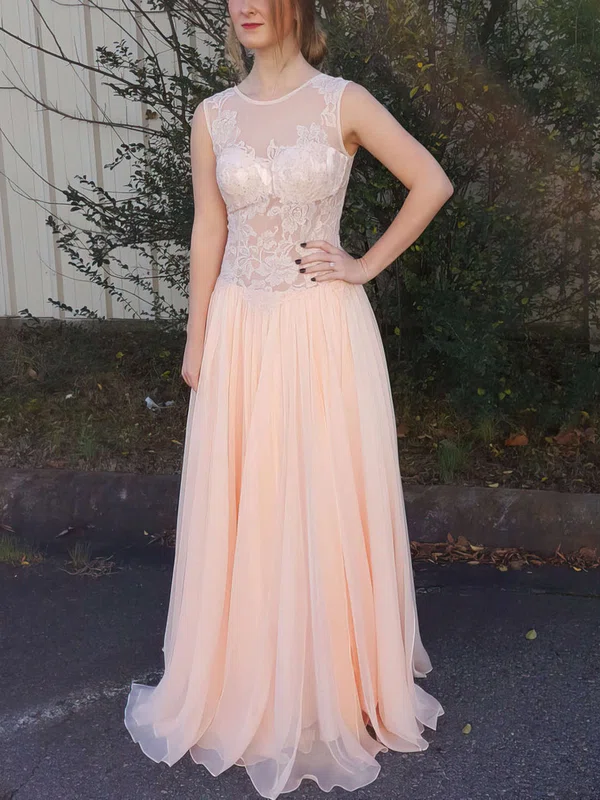 A-line Scoop Neck Chiffon Floor-length Appliques Lace Prom Dresses #UKM020103461