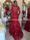 Trumpet/Mermaid V-neck Tulle Sweep Train Appliques Lace Prom Dresses #UKM020103463