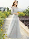 A-line Scoop Neck Lace Tulle Floor-length Appliques Lace Prom Dresses #UKM020103479