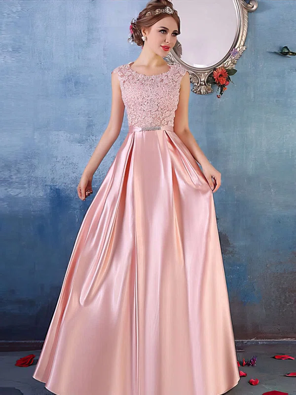 A-line Scoop Neck Satin Floor-length Appliques Lace Prom Dresses #UKM020103487
