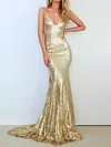 Trumpet/Mermaid V-neck Sequined Sweep Train Prom Dresses #UKM020103494