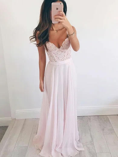 A-line V-neck Chiffon Floor-length Beading Prom Dresses #UKM020103496