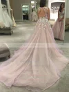 Princess V-neck Tulle Court Train Appliques Lace Prom Dresses #UKM020103499