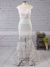 Trumpet/Mermaid Scoop Neck Lace Tulle Sweep Train Appliques Lace Prom Dresses #UKM020103500