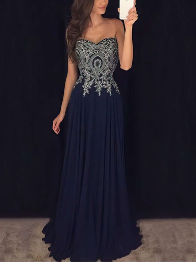A-line Sweetheart Chiffon Floor-length Appliques Lace Prom Dresses #UKM020103501