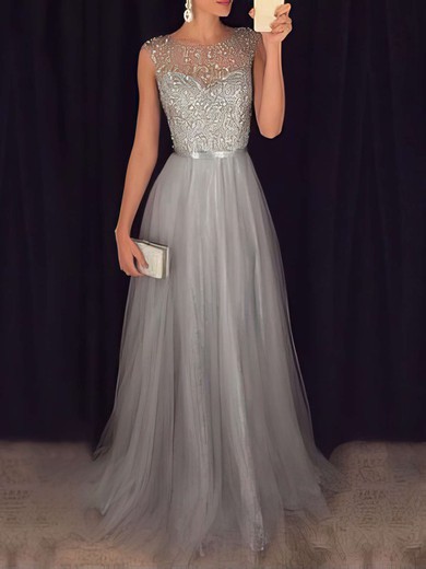 A-line Scoop Neck Tulle Floor-length Beading Prom Dresses #UKM020103502
