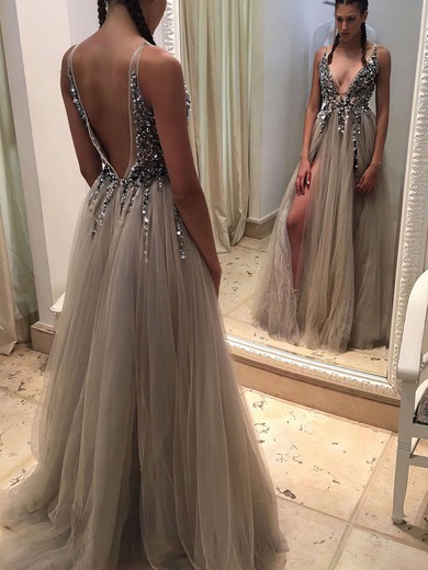 Princess V-neck Tulle Floor-length Beading Prom Dresses #UKM020103505
