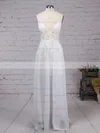 A-line V-neck Chiffon Floor-length Appliques Lace Prom Dresses #UKM020103508