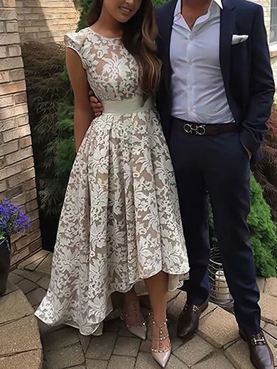 A-line Scoop Neck Lace Asymmetrical Modest Prom Dresses #UKM020103509