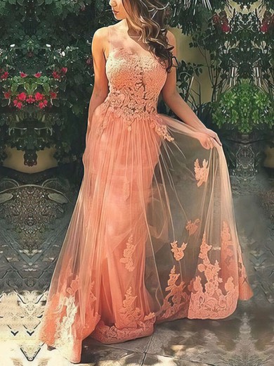 A-line Scoop Neck Tulle Sweep Train Appliques Lace Prom Dresses #UKM020103510