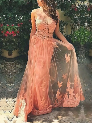 A-line Scoop Neck Tulle Sweep Train Appliques Lace Prom Dresses #UKM020103510