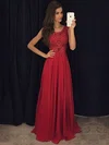 A-line Scoop Neck Chiffon Floor-length Appliques Lace Prom Dresses #UKM020103514