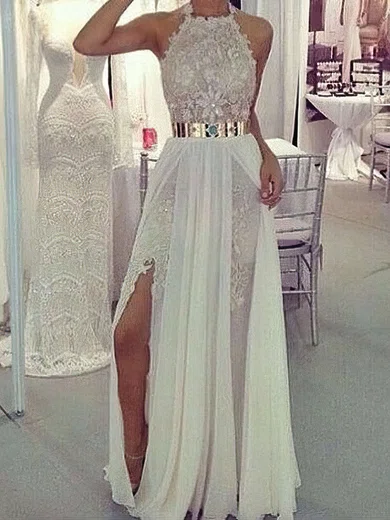 Sheath/Column Halter Lace Chiffon Floor-length Sashes / Ribbons Prom Dresses #UKM020103515