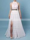 Sheath/Column Halter Lace Chiffon Floor-length Sashes / Ribbons Prom Dresses #UKM020103515